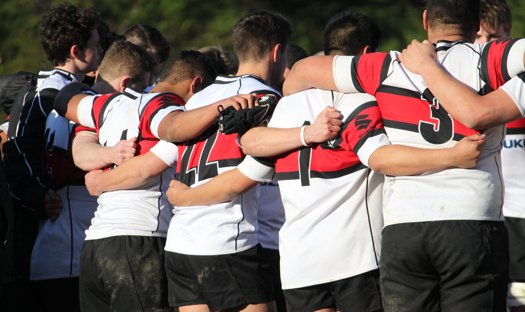 Huddle of rugby players